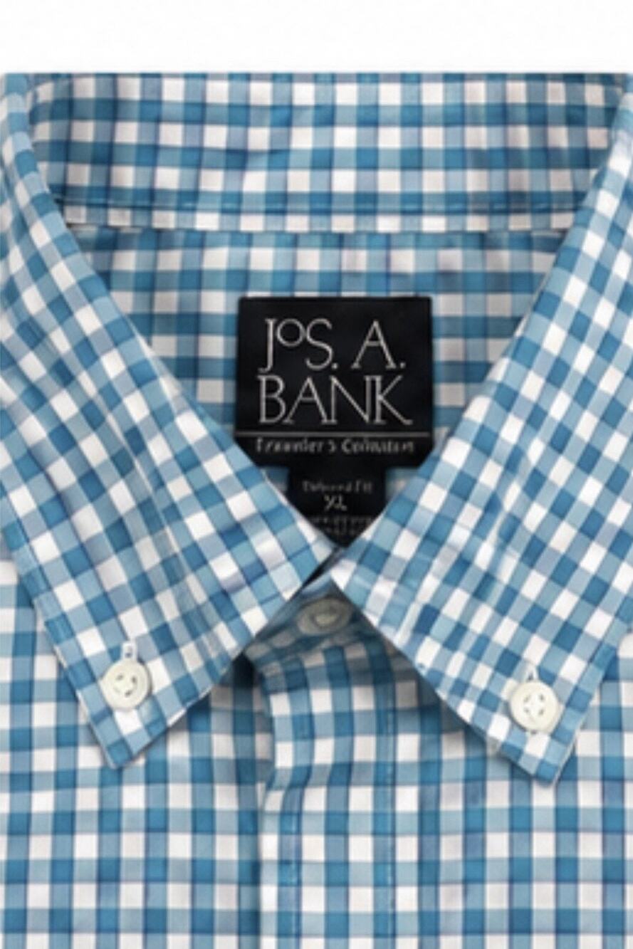 Jos A Bank Traveler’s Collection Men’s XL Tailored Fit Blue Gingham Dress Shirt